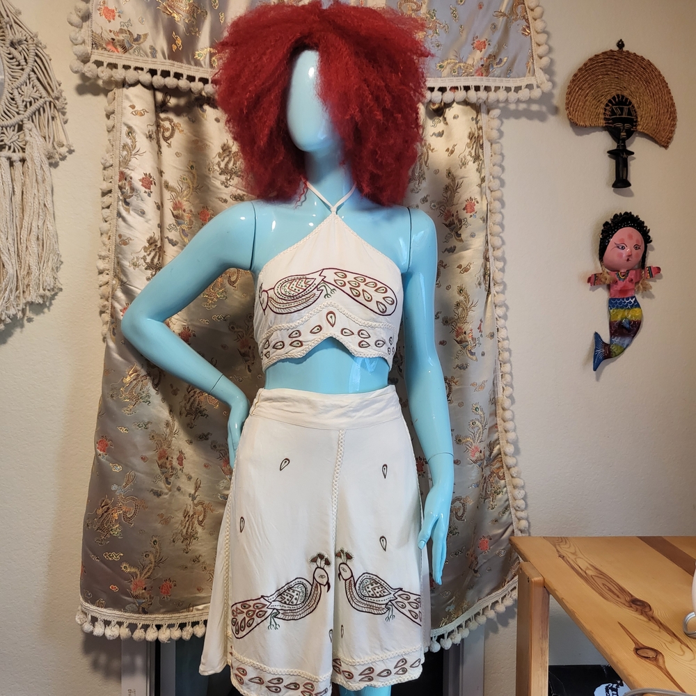 Cream Halter Skirt Set with Peacock Design
